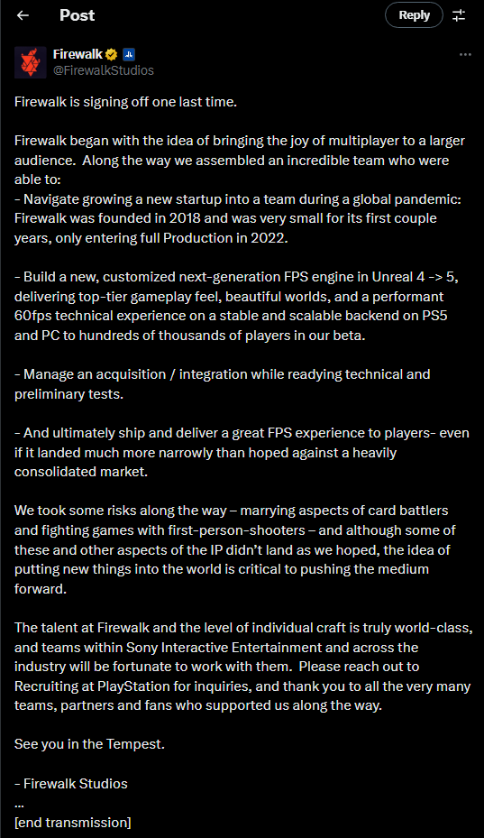 Concord: Sony's grootste flop in de gaming wereld 1 Concord tweet FireWalk Studios